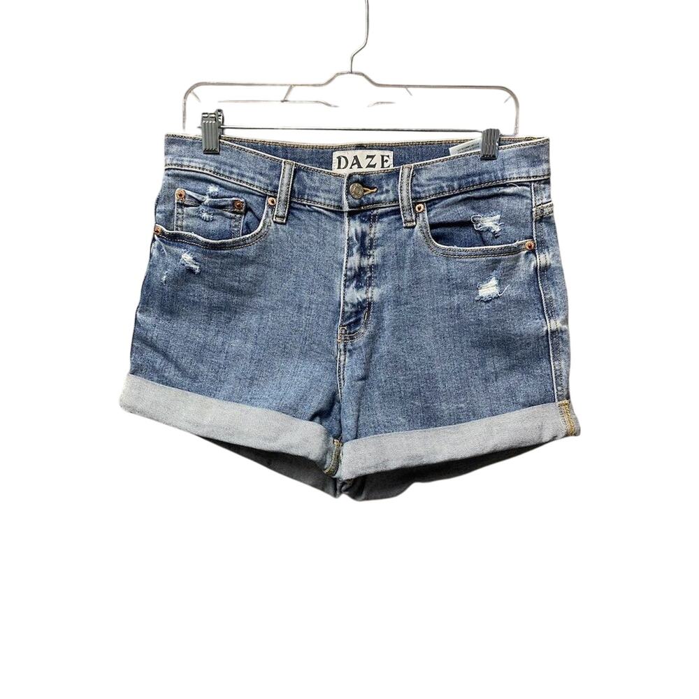 Daze “HUG” Women's High-Rise Distressed Cuffed Denim Jean Shorts Size 29 Blue